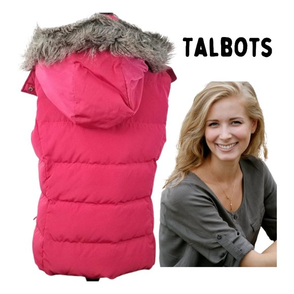 TALBOTS Pink Faux Fur Hooded Snap Zip Front Duck Down Puffer Vest - Women's S - Picture 1 of 6